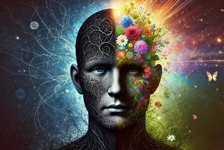 Illustrated head half neural, half floral